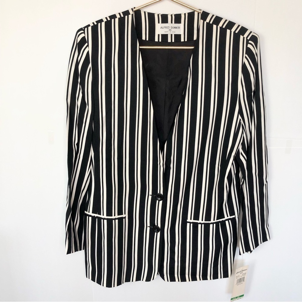 Nwt Alfred Dunner black & white crepe stripe single breasted v-neck blazer